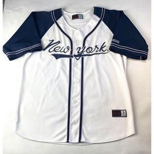 NEW YORK YANKEES Baseball JERSEY! GYM LA SPORTS Embroidered White Blue Sz L